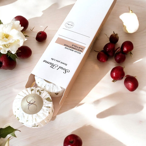 Sojawachs Melt Cranberry Waltz von Soul Flame – geöffnete Verpackung mit Wachs Melt Taler und Logo-Prägung
