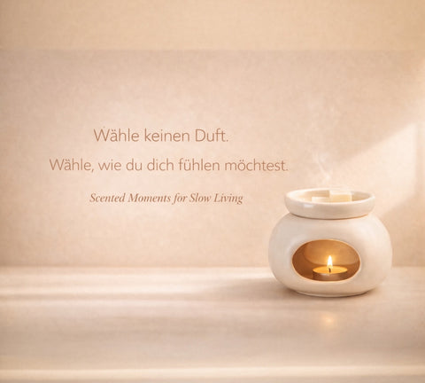 Keramik Duftlampe mit brennendem Teelicht in ruhiger, warmer Atmosphäre – Scented Moments for Slow Living von Soul Flame